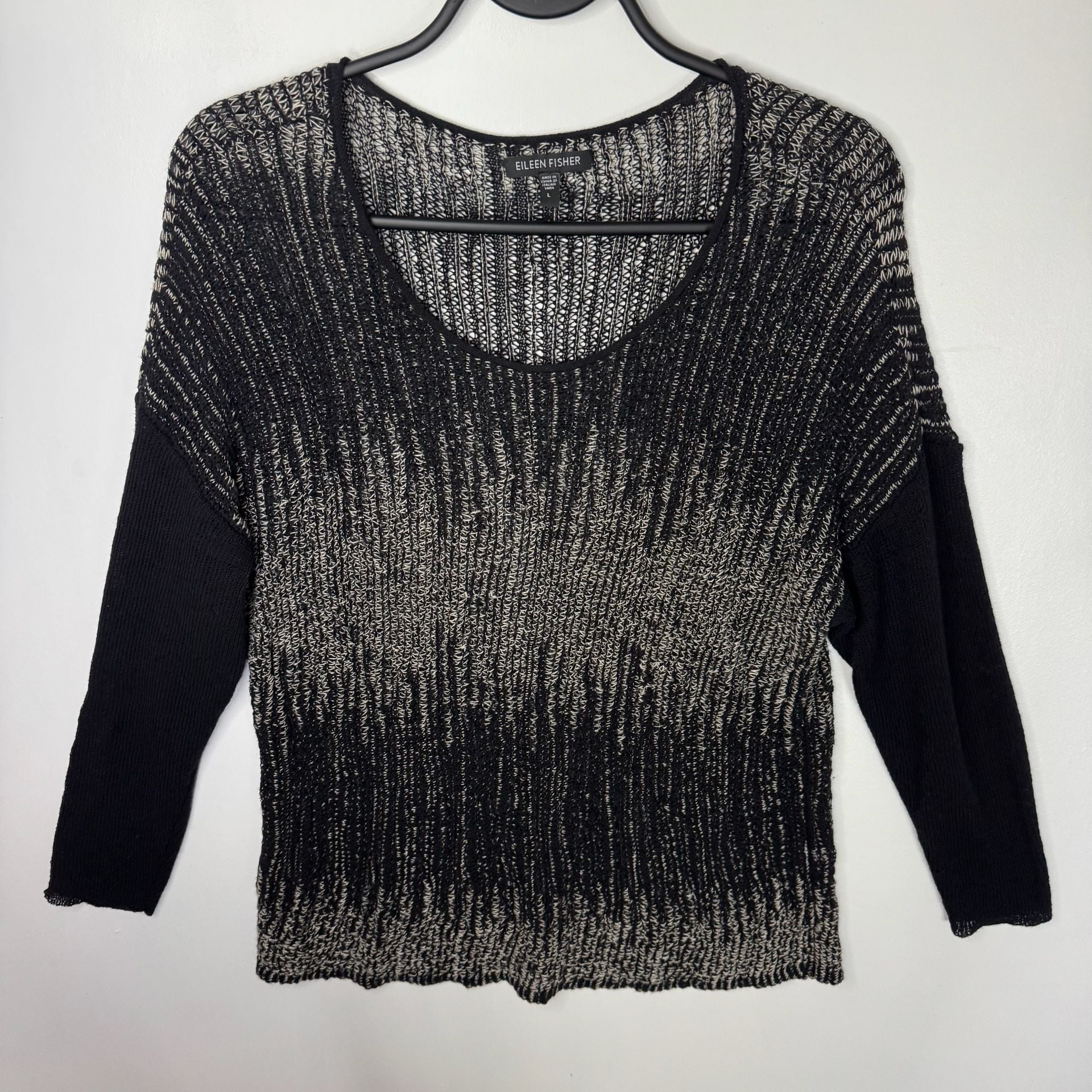 Eileen Fisher Washable Wool & Linen Blurred Stripes Pullover Sweater Black SizeL 4
