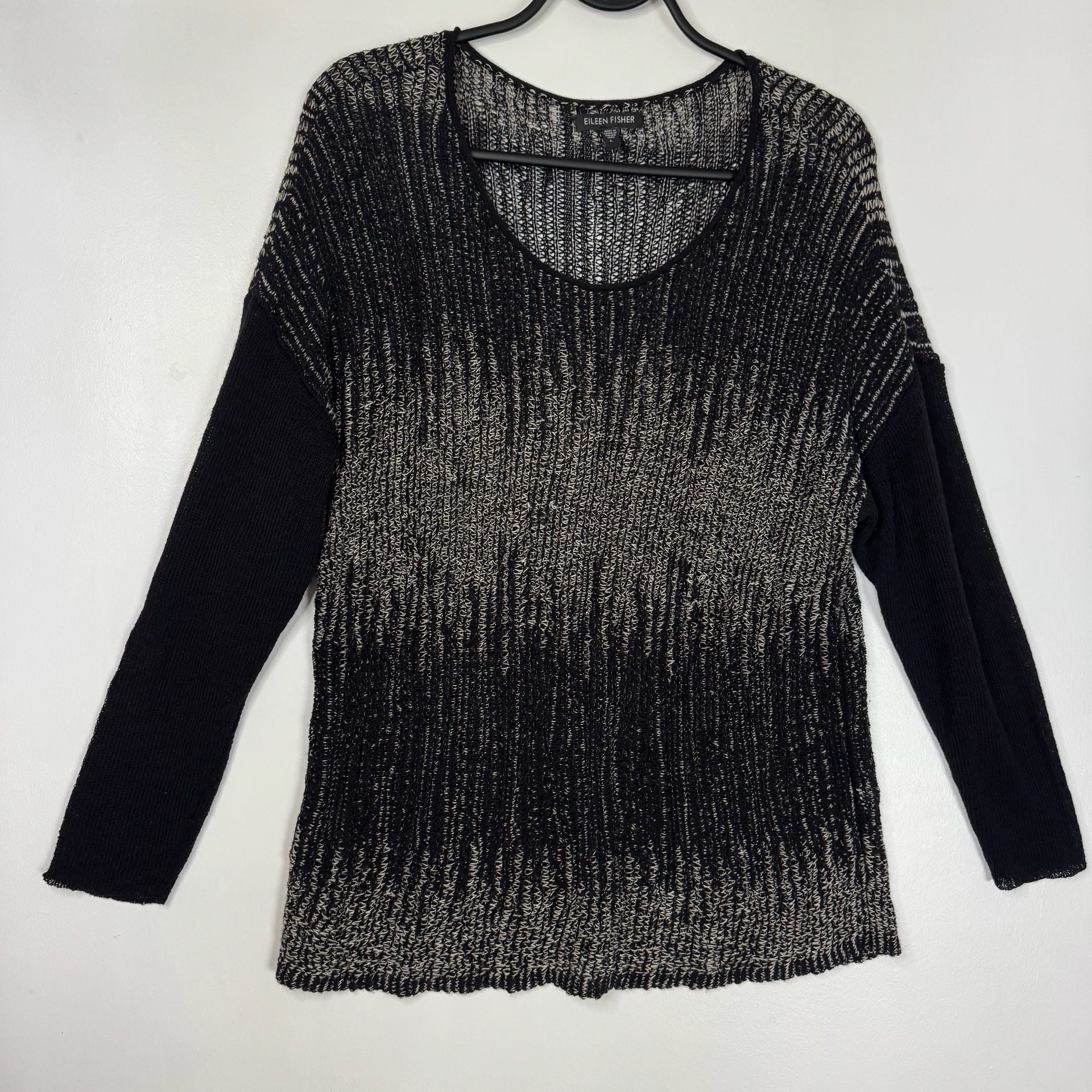 Eileen Fisher Washable Wool & Linen Blurred Stripes Pullover Sweater Black SizeL 6