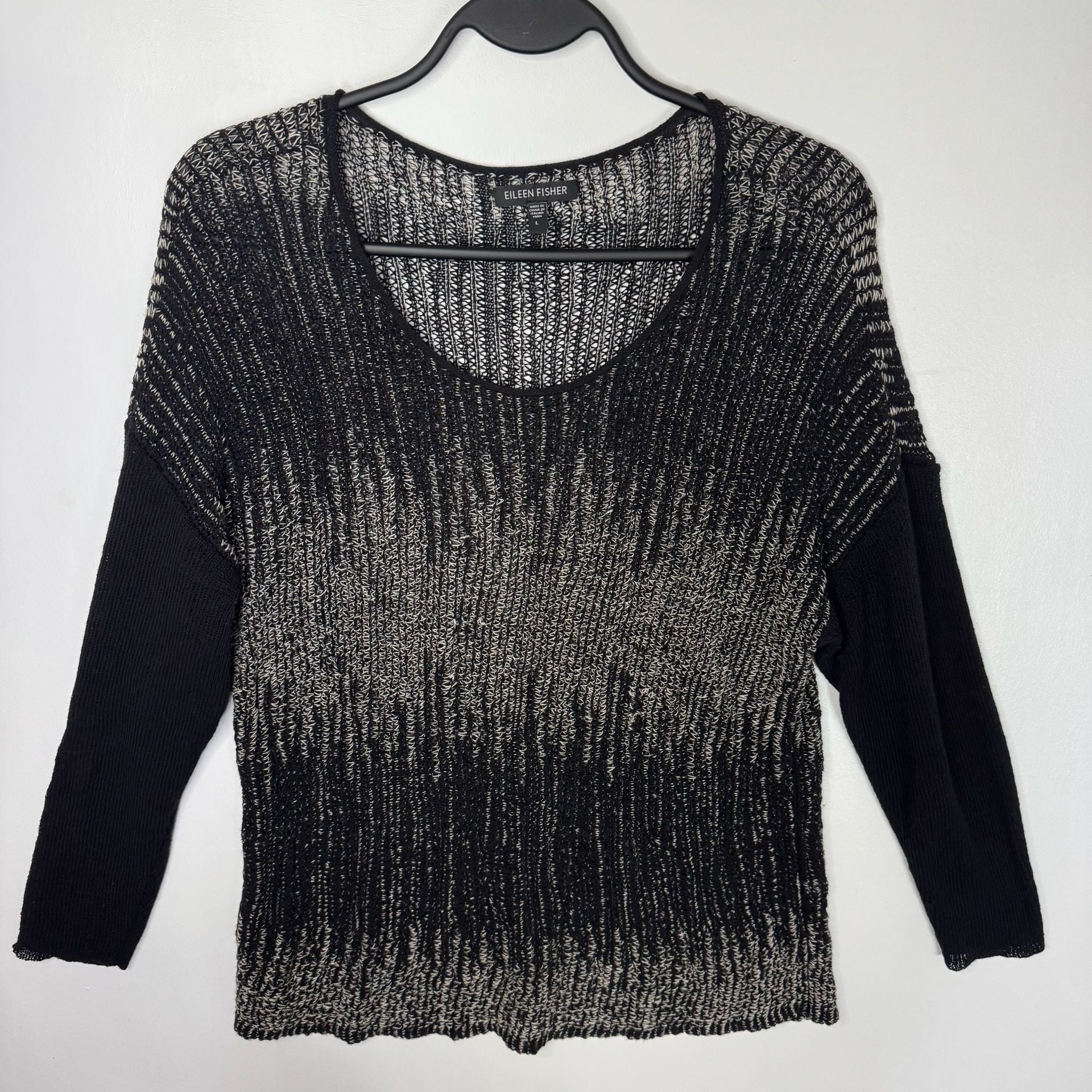 Eileen Fisher Washable Wool & Linen Blurred Stripes Pullover Sweater Black SizeL 11