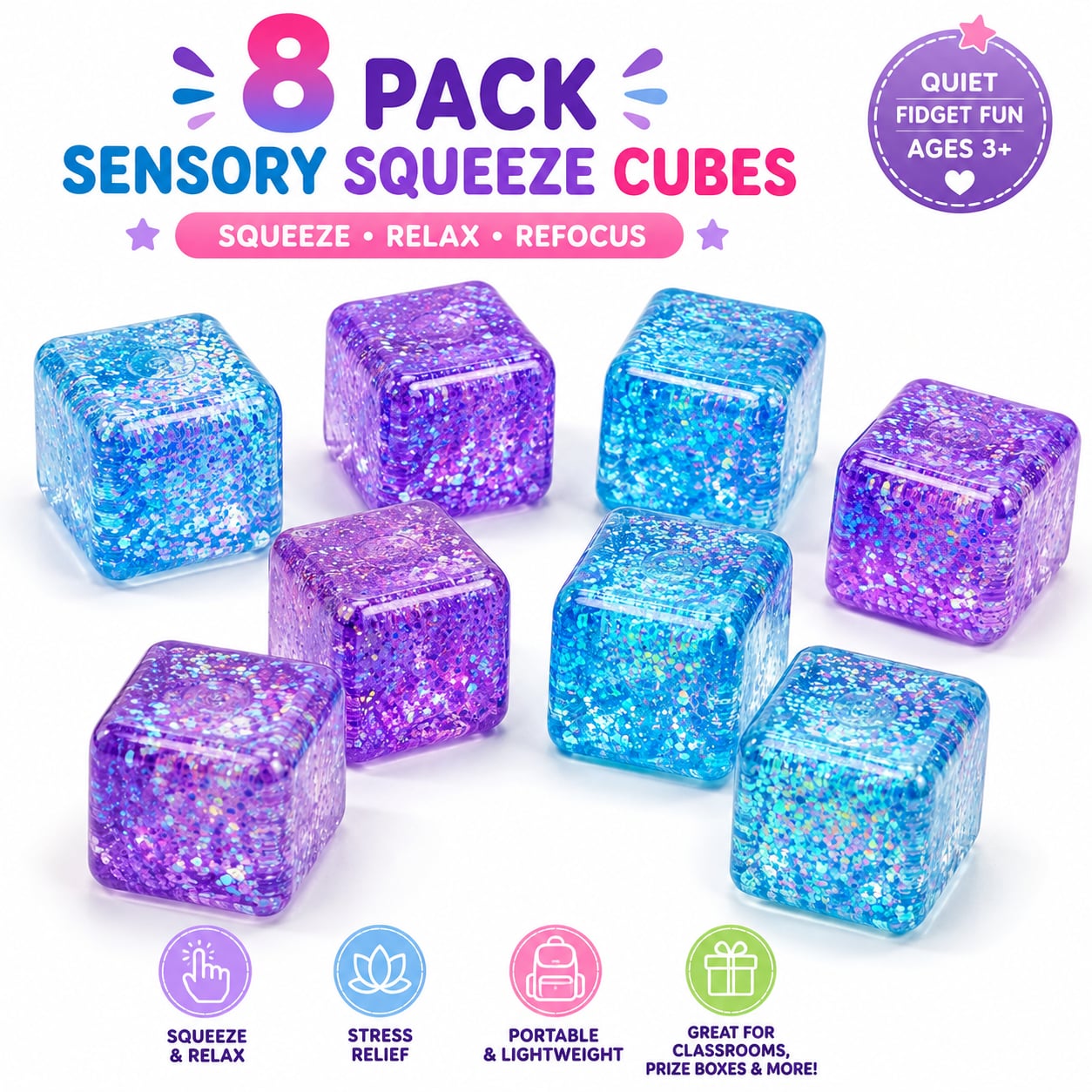 Glitter Sensory Squeeze Cubes 8 Pack Stress Relief Fidget Toys 1