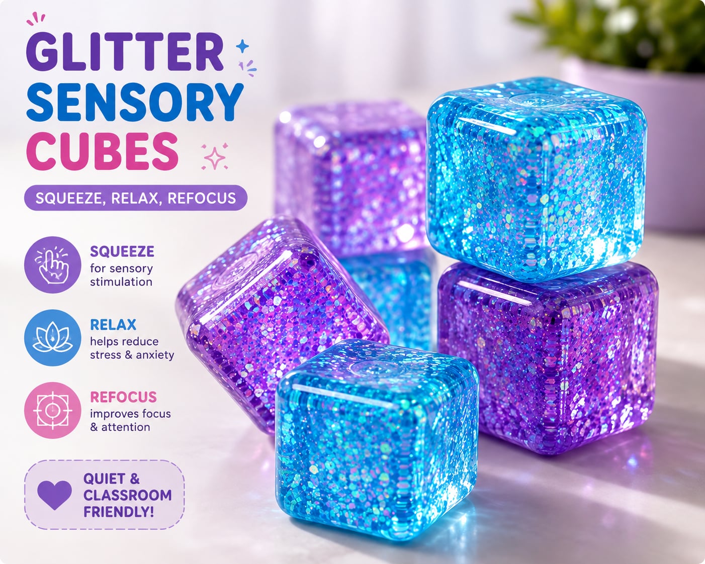 Glitter Sensory Squeeze Cubes 8 Pack Stress Relief Fidget Toys 3