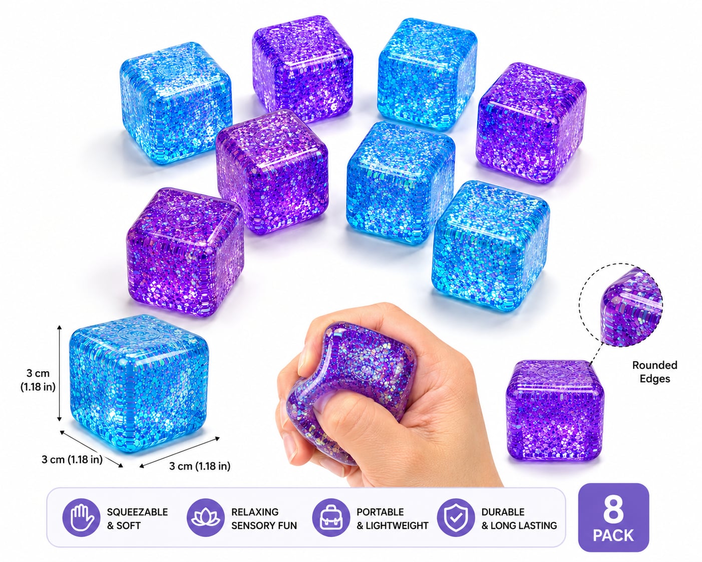 Glitter Sensory Squeeze Cubes 8 Pack Stress Relief Fidget Toys 4