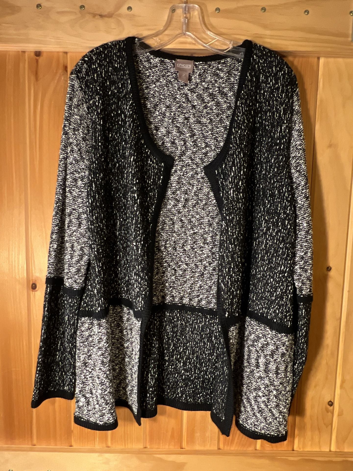 Chico's Black And White Textured Knit Open Front Cardigan Size 2 2
