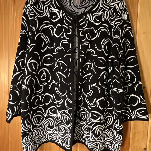 Easywear by Chico's Black and White Rose Pattern Open Front Jacket Cardigan