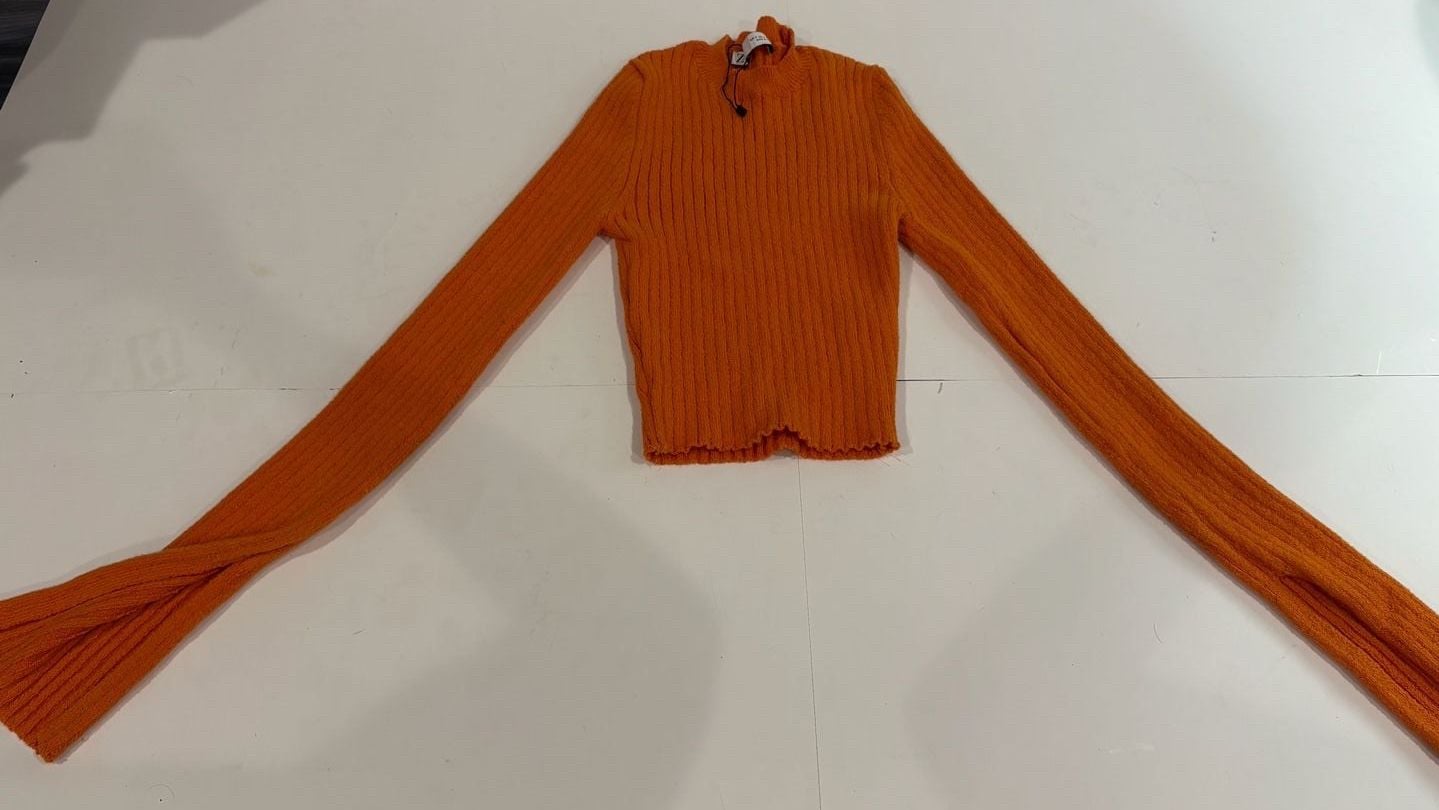 Zara Orange Ribbed Knit Long Sleeve Crop Top Sweater Size S 2