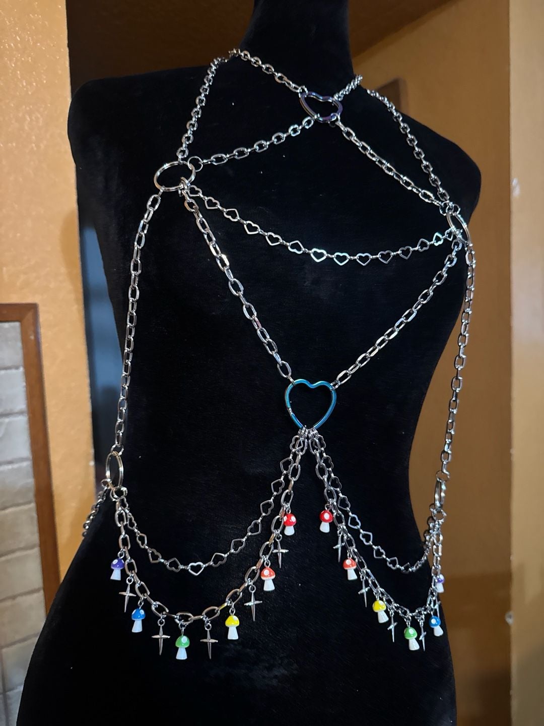 Alternative Stainless steel Body Chain with Heart Carabiner and Mushroom Charms 2
