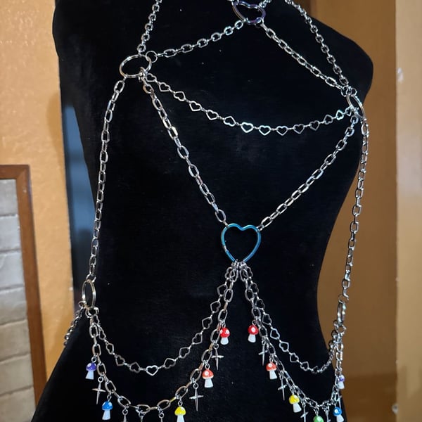 Alternative Stainless steel Body Chain with Heart Carabiner and Mushroom Charms