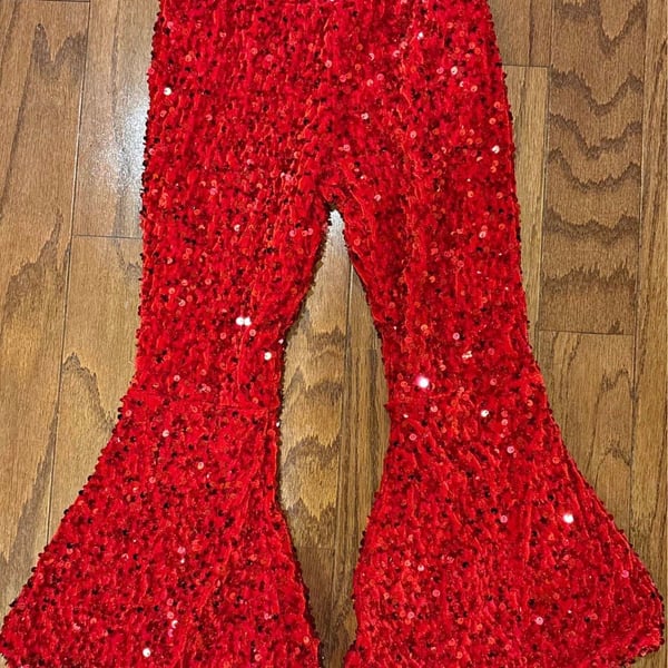 Red Sequin Bell Bottom Pants with Stretchy Waistband