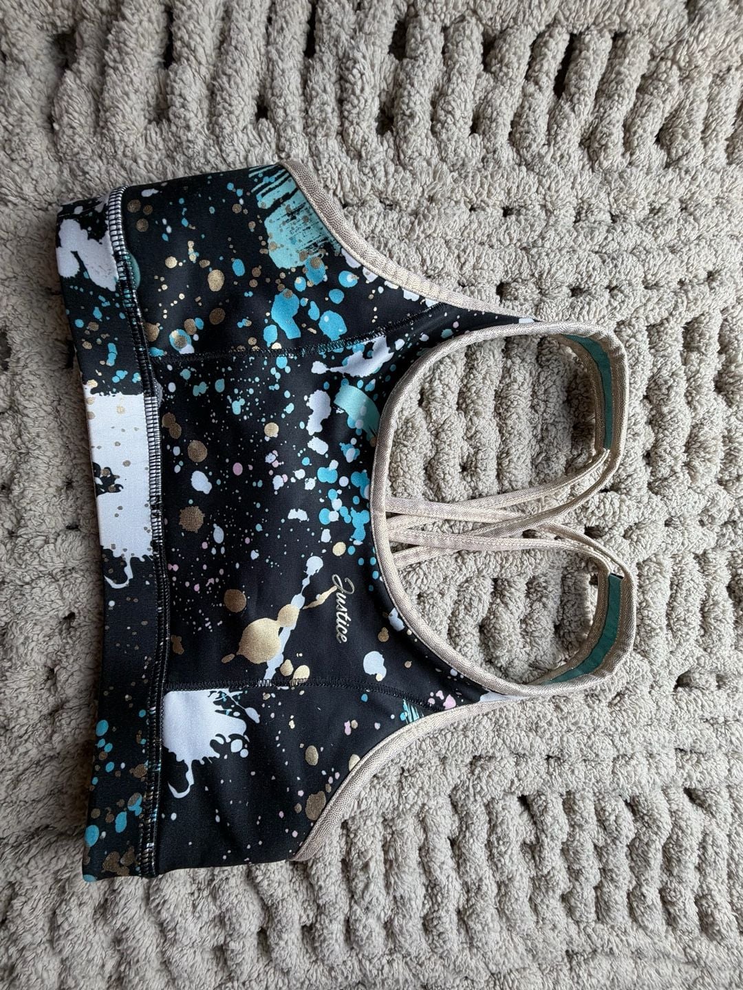 Justice Metallic Reversible FOIL Athletic Sports Bra (XL 16/18) Black Splatter Print 2