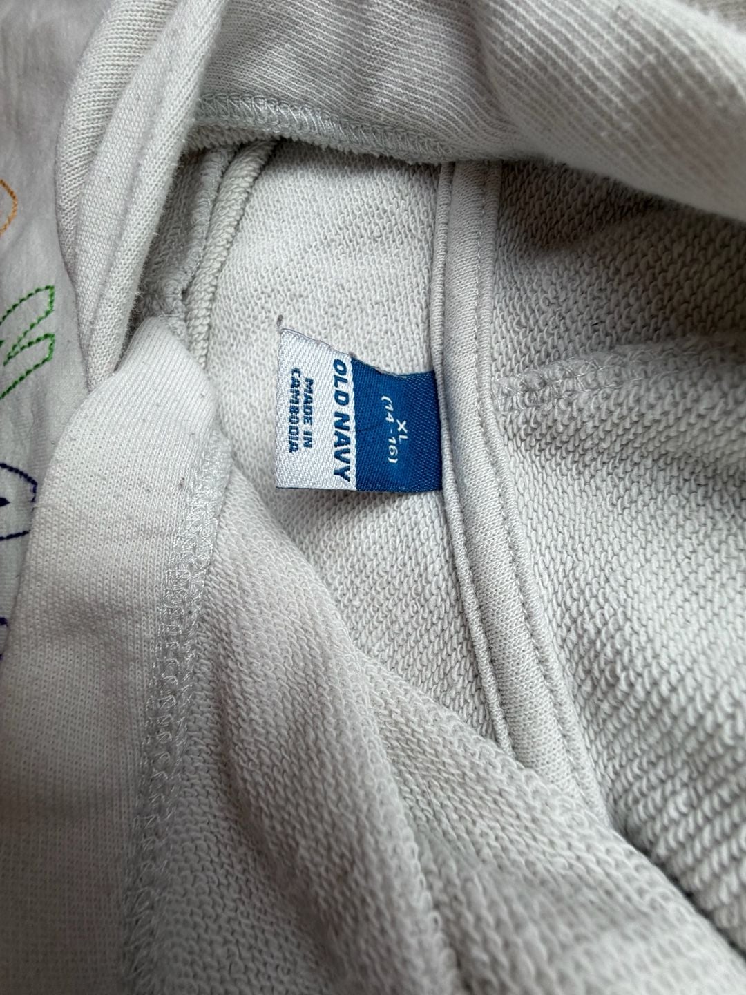 Old Navy Embroidered Hoodie, Size XL (14-16), Light Gray, Made in Cambodia, Tag You're It Collection 3