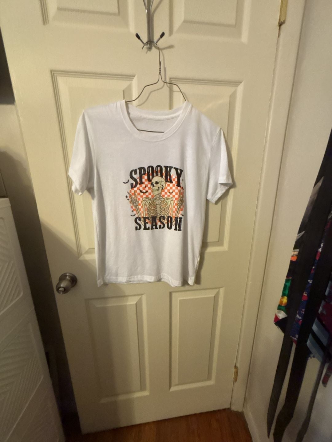 Spooky Season Halloween Skeleton Peace Sign Checkered White T-Shirt 2