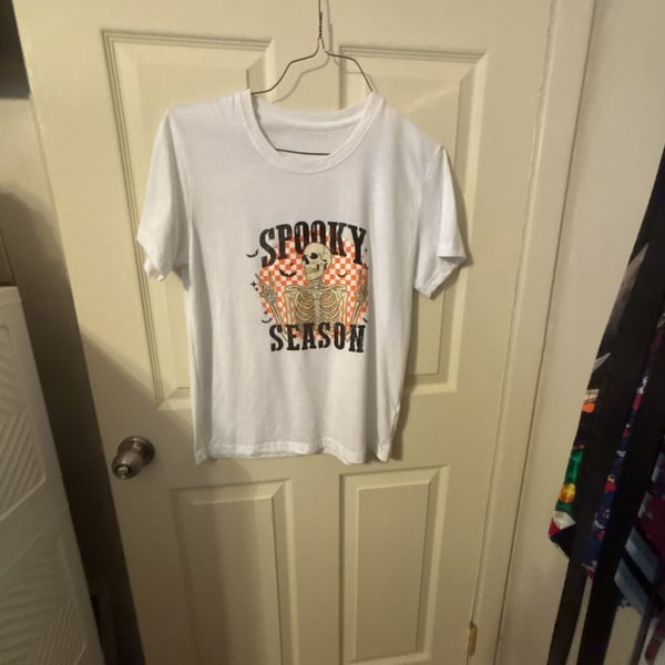 Spooky Season Halloween Skeleton Peace Sign Checkered White T-Shirt