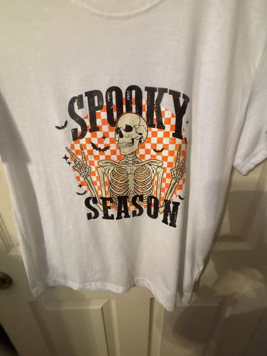 Spooky Season Halloween Skeleton Peace Sign Checkered White T-Shirt 3