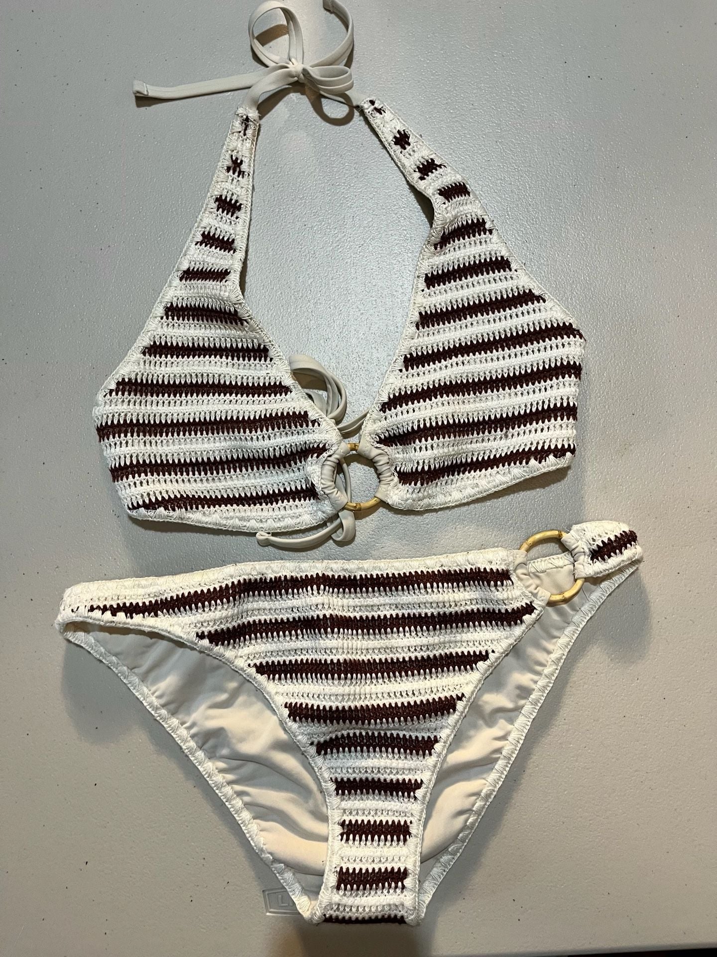 Aerie Crochet Striped Halter Bikini Set with Wooden Rings 010-047 1