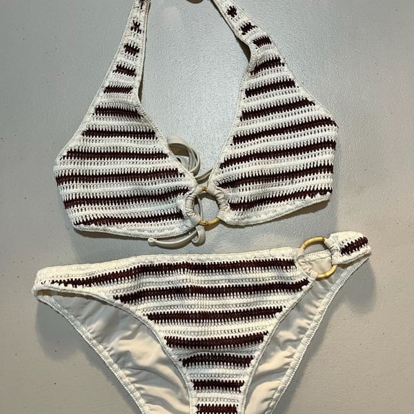 Aerie Crochet Striped Halter Bikini Set with Wooden Rings 010-047
