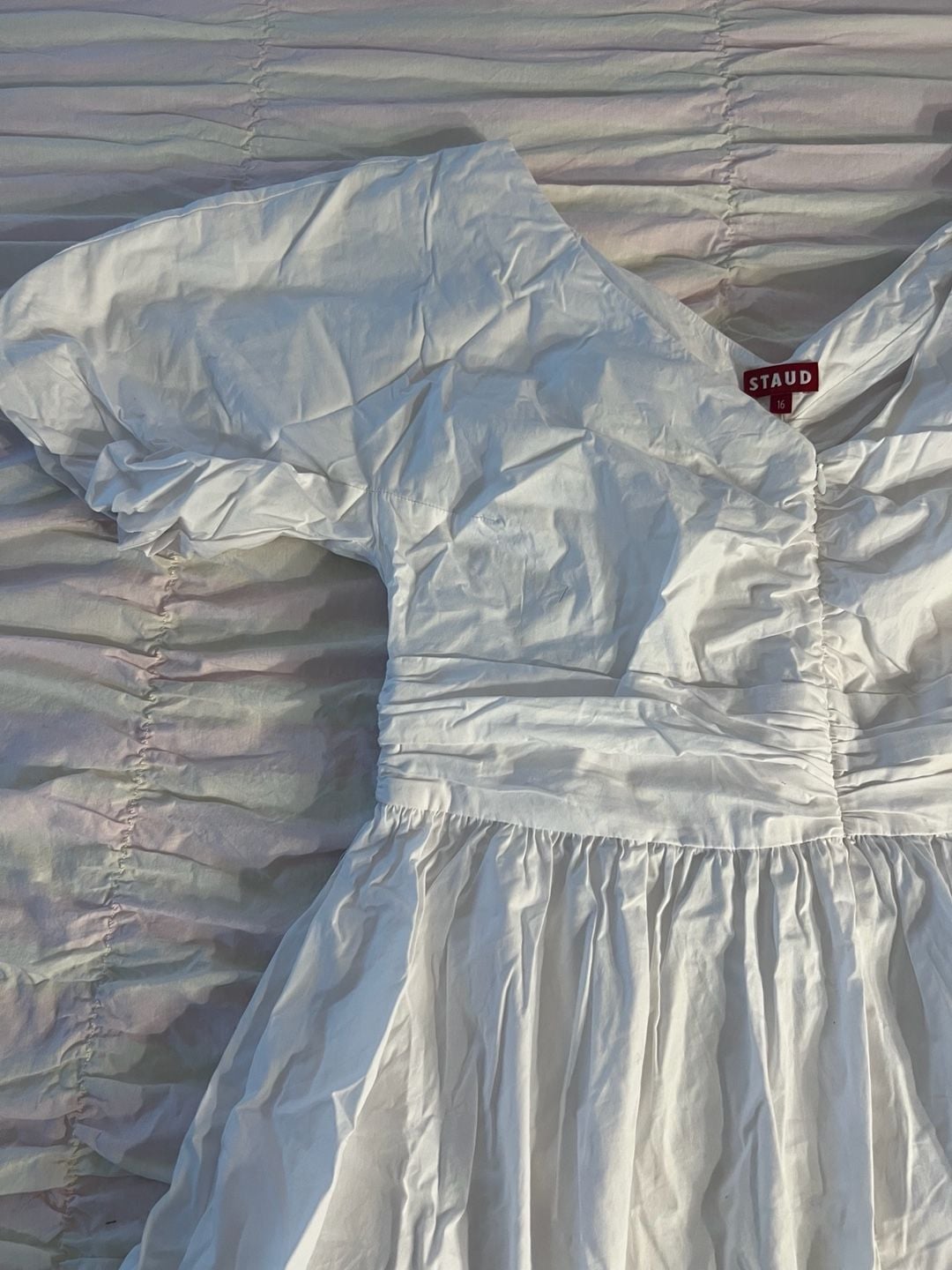 STAUD Jackson Midi Dress White Size 16 Poplin Pleated 3