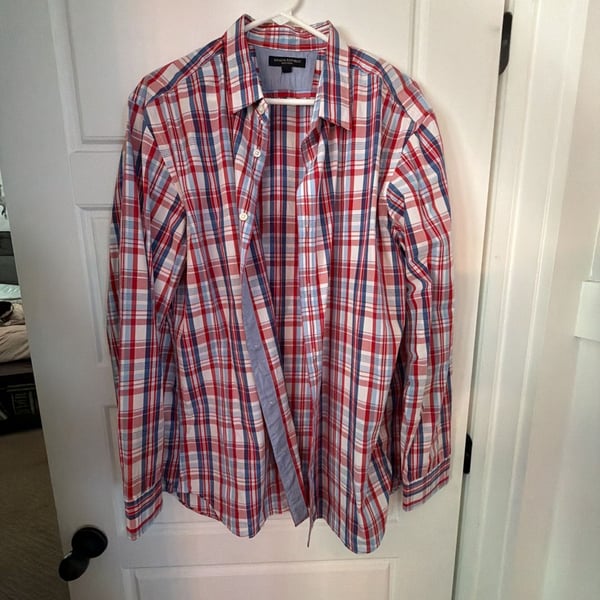 Banana Republic Soft Wash Men's Red Blue White Plaid Long Sleeve Button Down Shirt Size XL