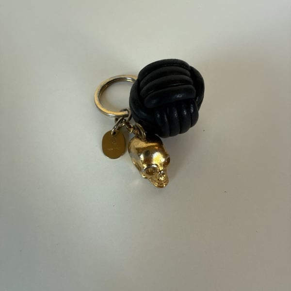 Alexander McQueen Black Leather Knot and Gold Skull Keyring Charm