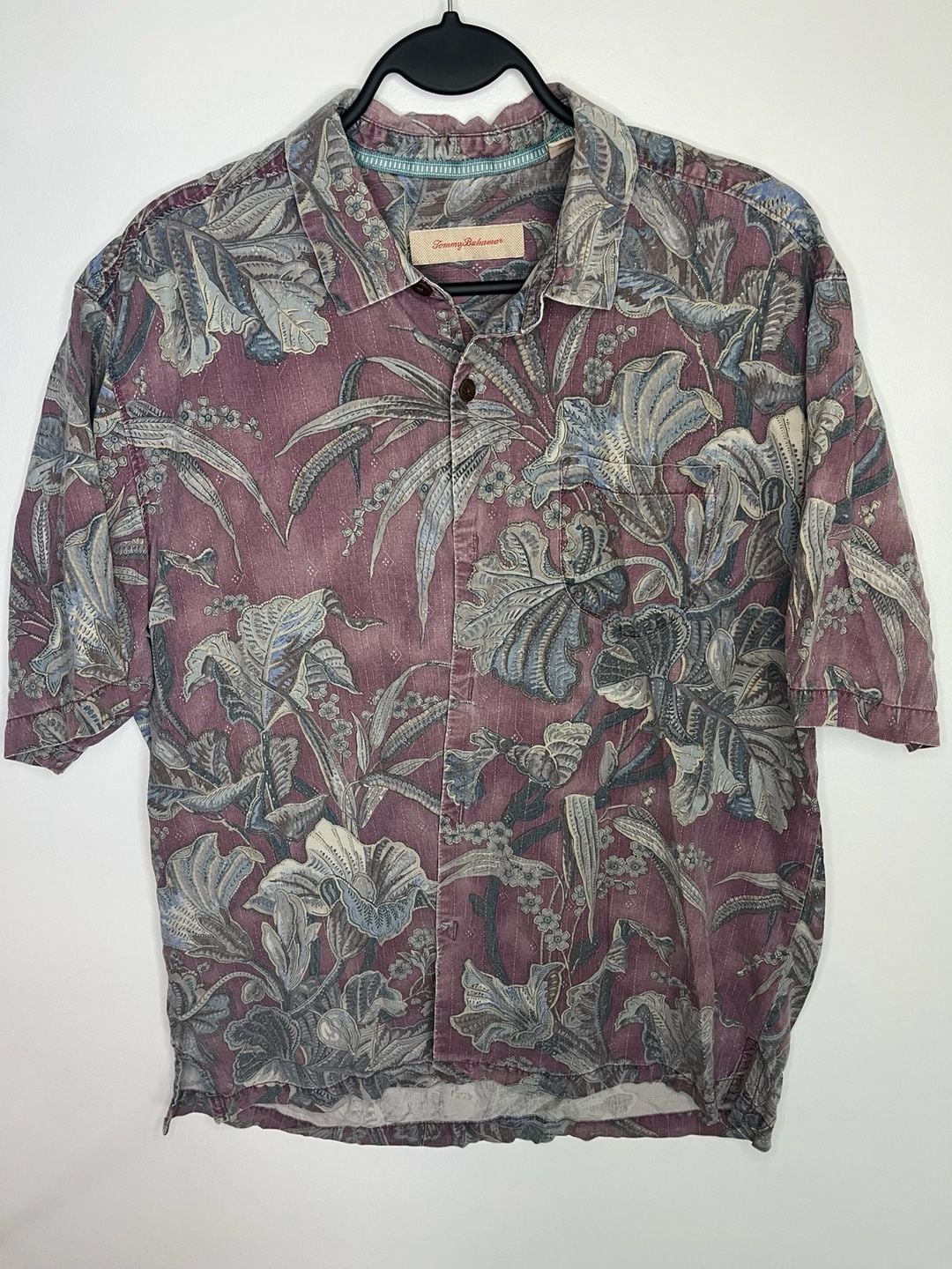Tommy Bahama Silk Floral Tropical Print Short Sleeve Camp Shirt Plum Blue Ivory 2