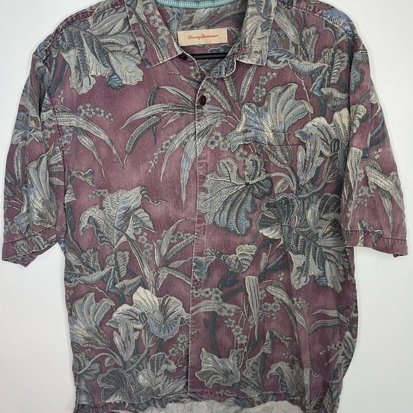 Tommy Bahama Silk Floral Tropical Print Short Sleeve Camp Shirt Plum Blue Ivory