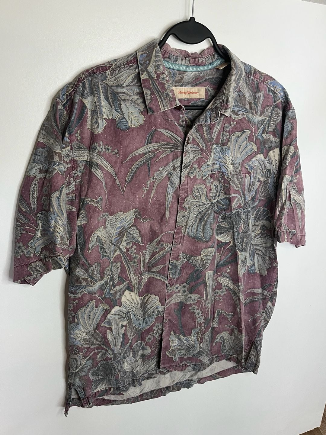 Tommy Bahama Silk Floral Tropical Print Short Sleeve Camp Shirt Plum Blue Ivory 6