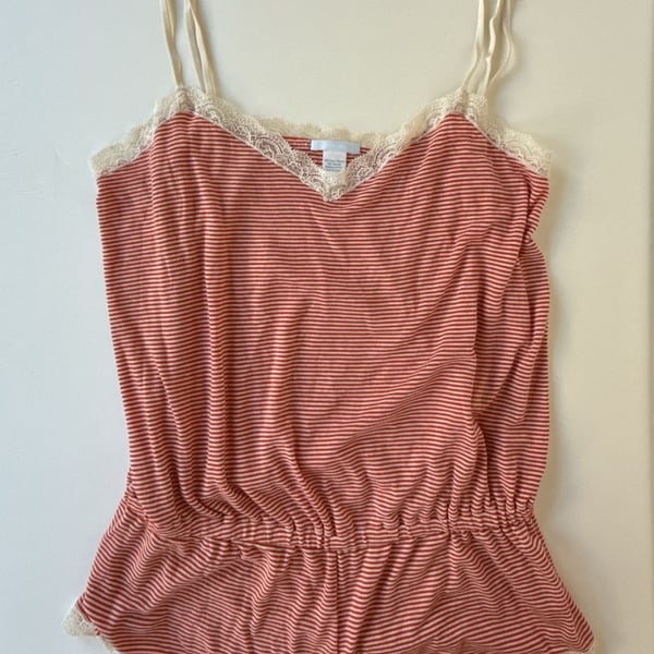 Eberjey Red and White Striped Lace Trim Romper