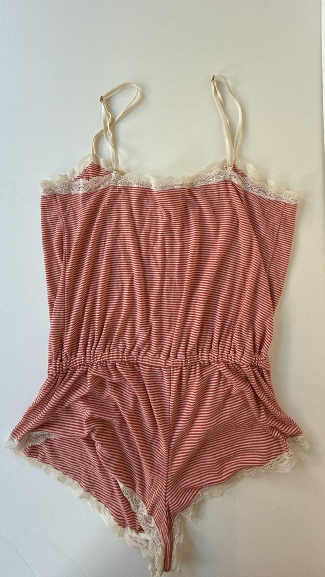 Eberjey Red and White Striped Lace Trim Romper 4