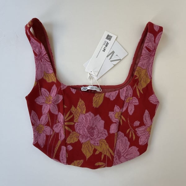 NWT Zara Jacquard Crop Top Red Pink Floral Square Neck size small