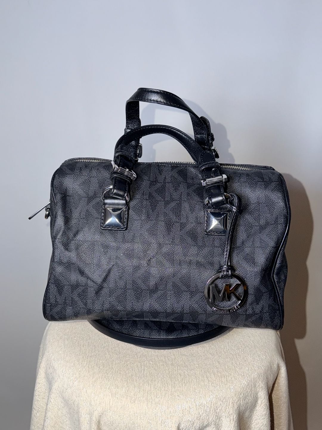 Michael Kors Grayson Black PVC Monogram Logo Satchel Handbag 2