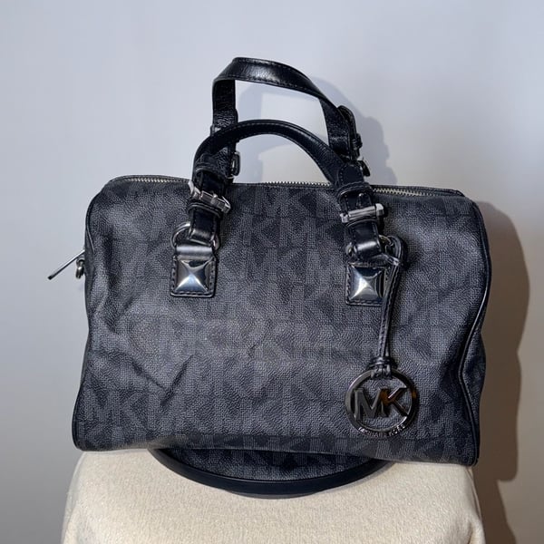 Michael Kors Grayson Black PVC Monogram Logo Satchel Handbag