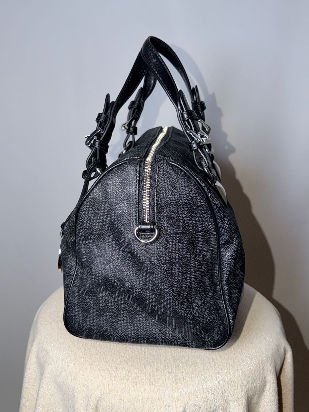 Michael Kors Grayson Black PVC Monogram Logo Satchel Handbag 3