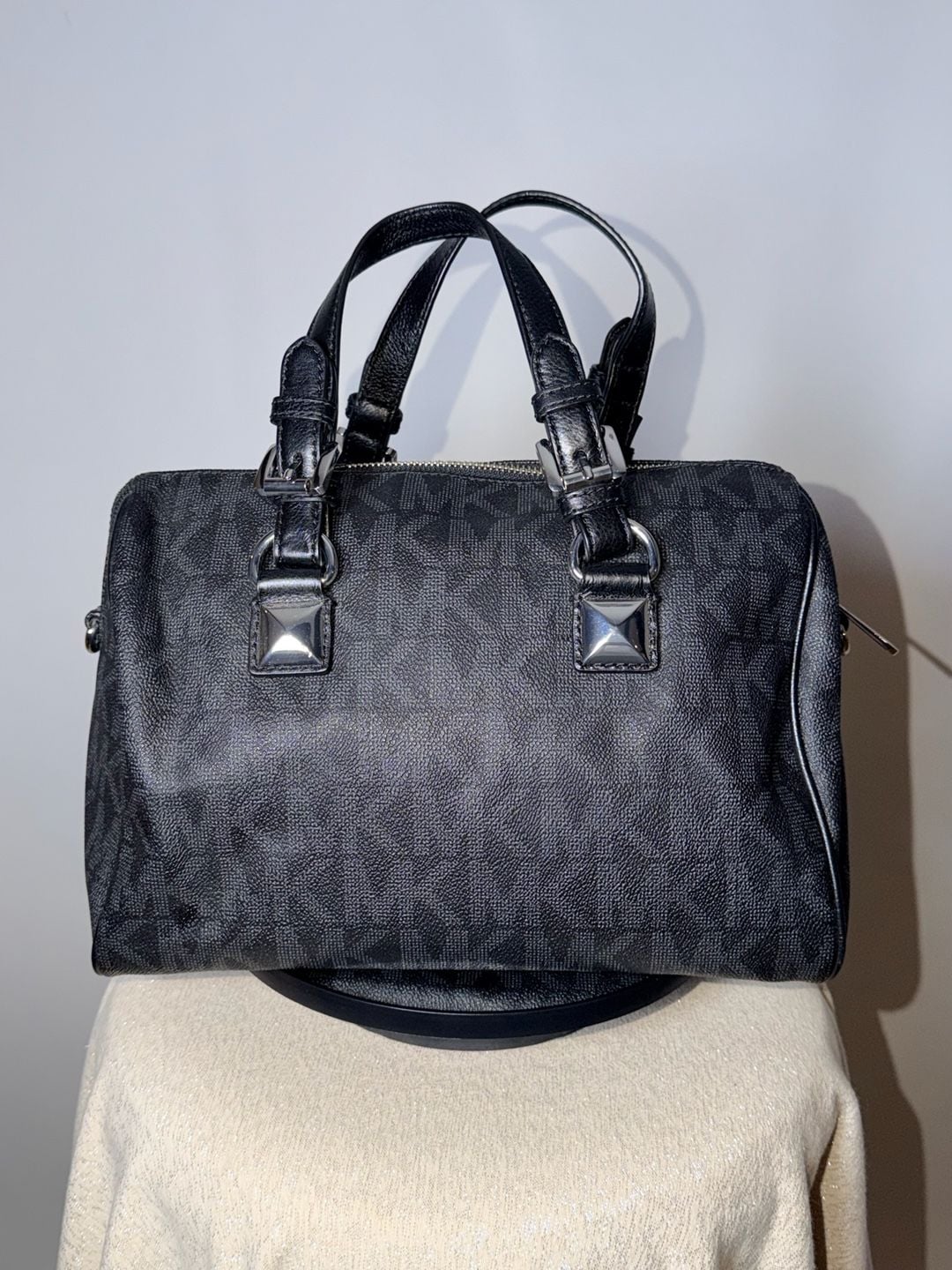 Michael Kors Grayson Black PVC Monogram Logo Satchel Handbag 4