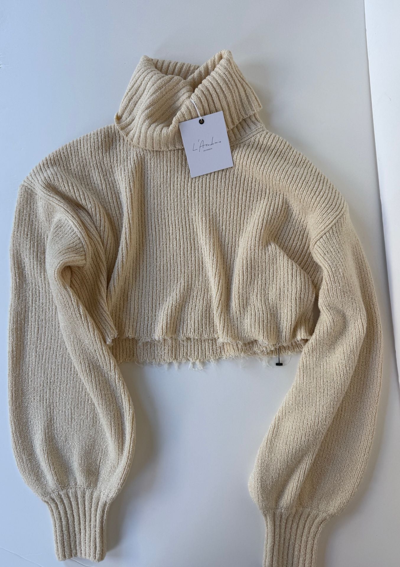 NWT L'Academie Cream Ribbed Knit Cropped Turtleneck Sweater 2
