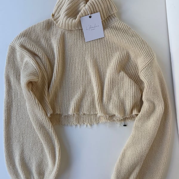 NWT L'Academie Cream Ribbed Knit Cropped Turtleneck Sweater