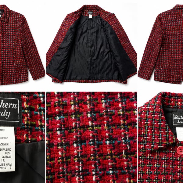 Southern Lady Vintage Red Multi-Color Tweed Boucle Button-Front Blazer Jacket Size 16 Style 855H