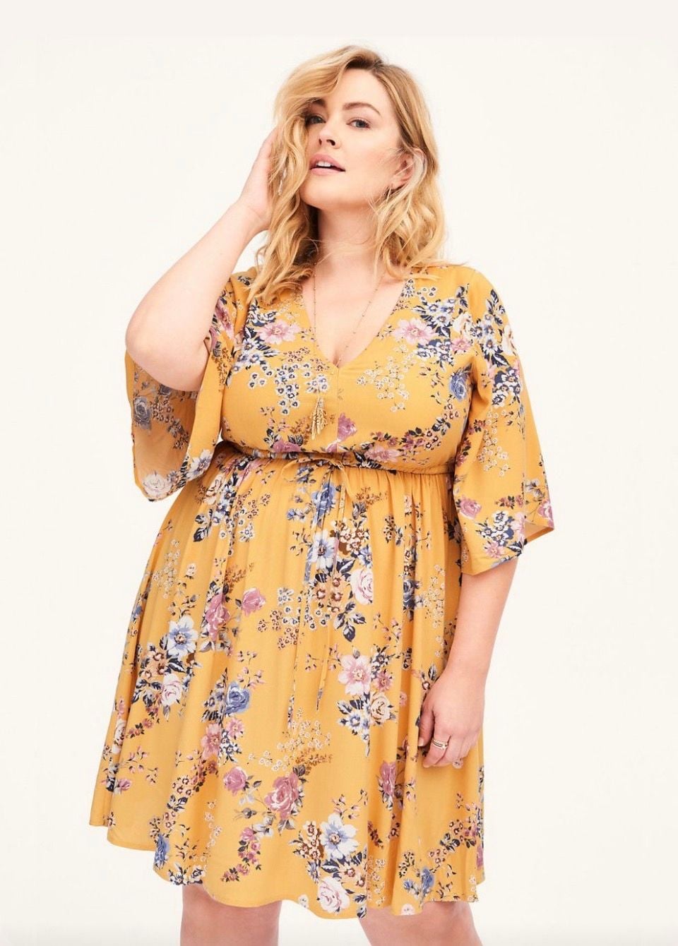 Torrid Yellow Floral Challis V-Neck Flutter Sleeve Drawstring Waist Dress Size 2X 6