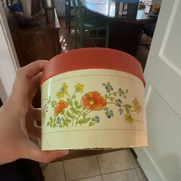 Vintage Corning 1977 Cheinco Wildflower Enamelware Canister with Orange Lid