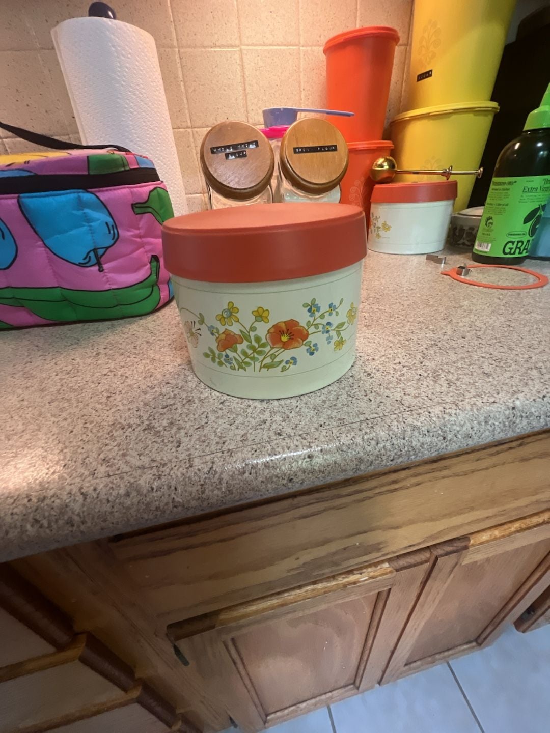 Vintage Corning 1977 Cheinco Wildflower Enamelware Canister with Orange Lid 4