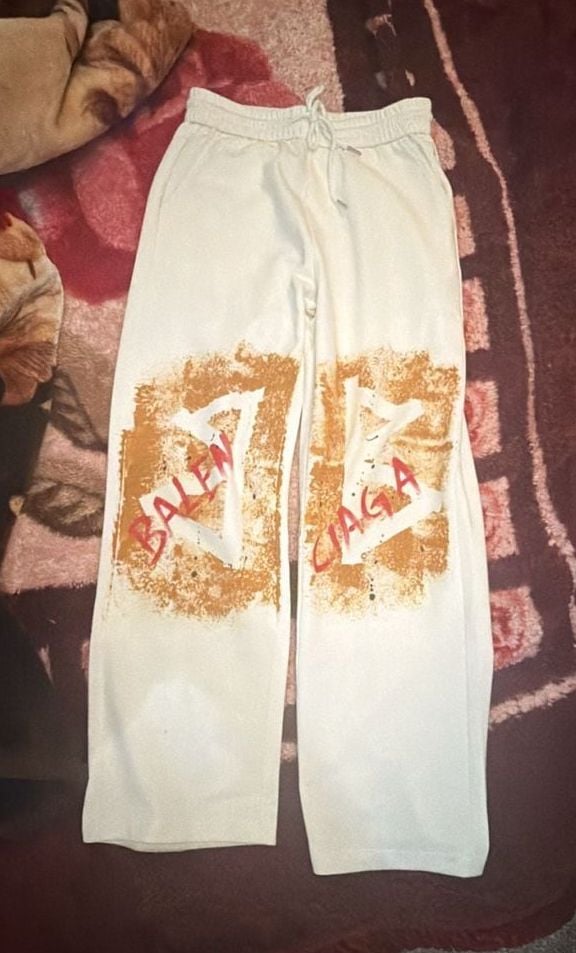 Balenciaga Bleach Print Graphic Wide Leg Sweatpants White 2
