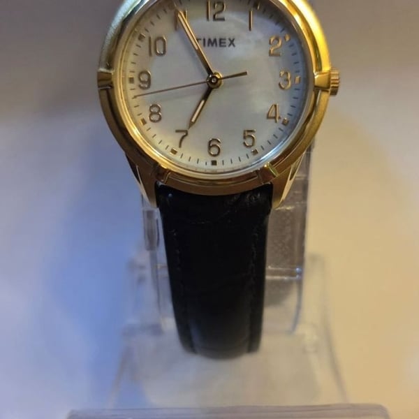 Timex Main Street Collection Gold-Tone Mother-of-Pearl Dial Black Leather Strap Watch W2P76200