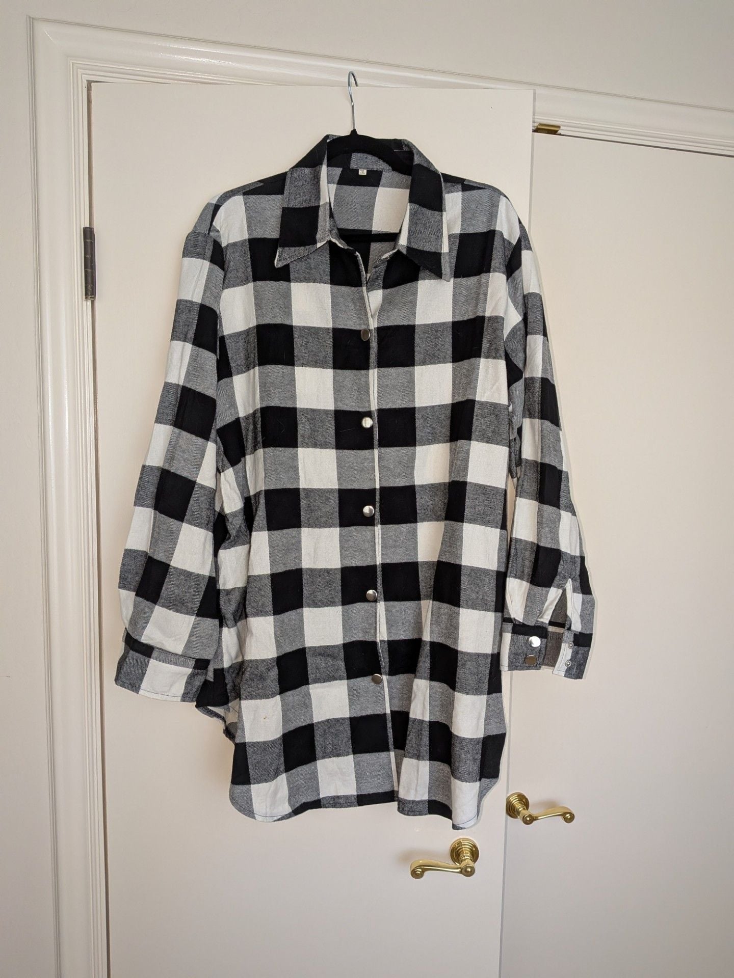 Women's Black and White Buffalo Plaid Button-Down Long Sleeve Tunic Shirt Size 2XL 2