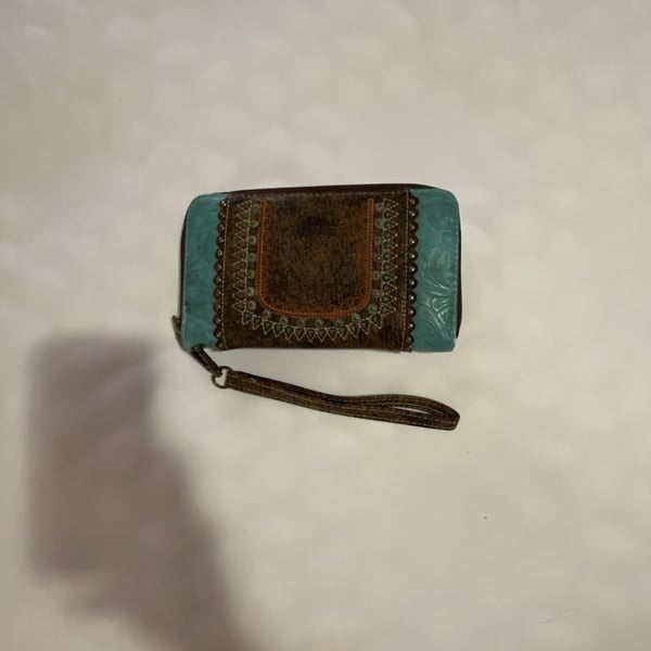 Montana West Western Turquoise and Brown Zip Around Wristlet Wallet