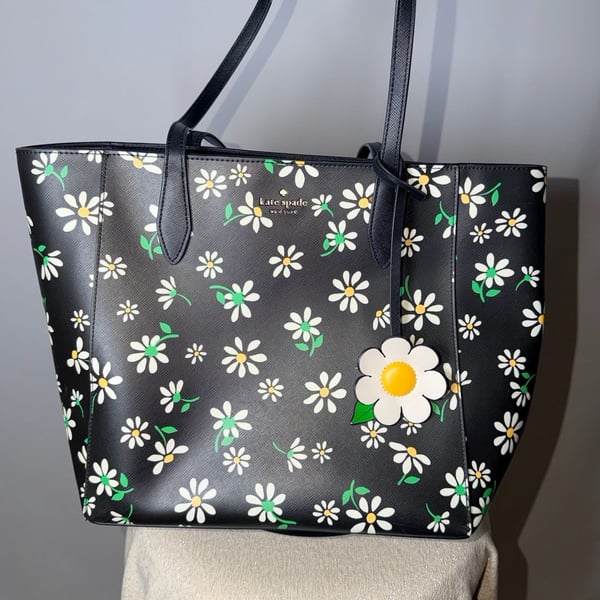 Kate Spade New York Dana Daisy Tote Black Multi Flower Saffiano Leather Handbag
