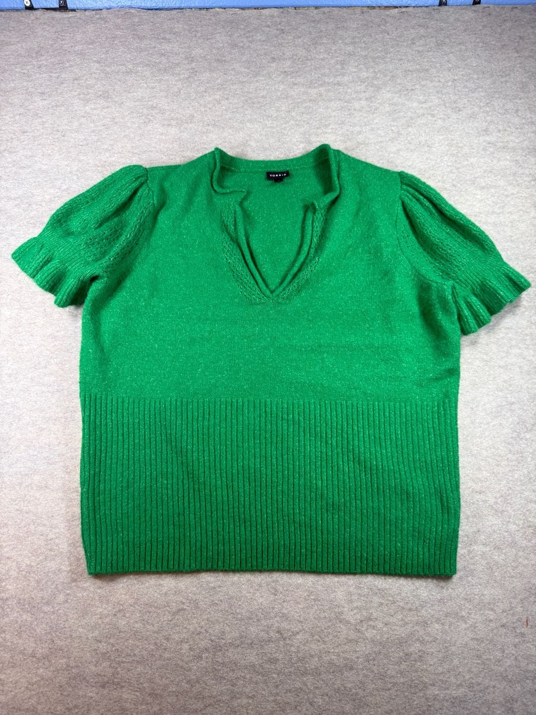 Torrid Green Puff Sleeve V-Neck Ribbed Hem Sweater Size 2 7