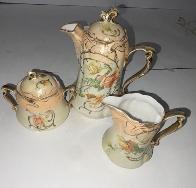 Vintage Hand-Painted Porcelain Chocolate Pot Creamer and Sugar Bowl Set 1