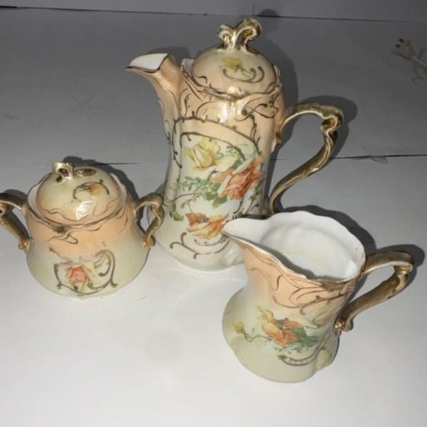 Vintage Hand-Painted Porcelain Chocolate Pot Creamer and Sugar Bowl Set