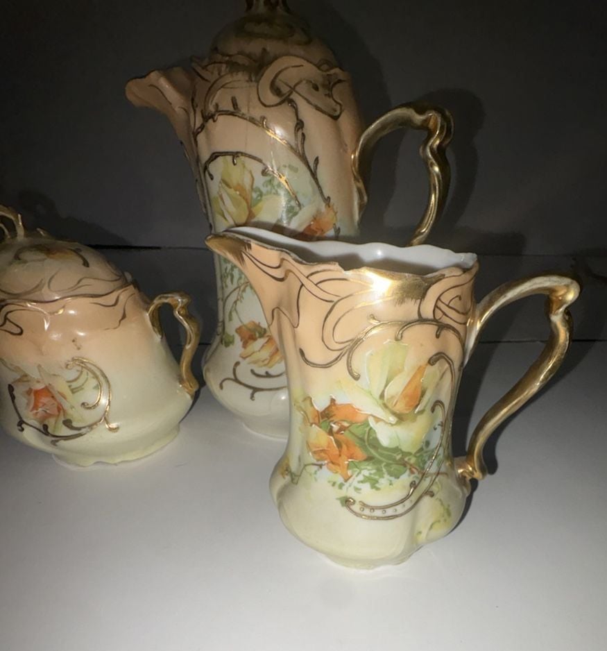 Vintage Hand-Painted Porcelain Chocolate Pot Creamer and Sugar Bowl Set 2
