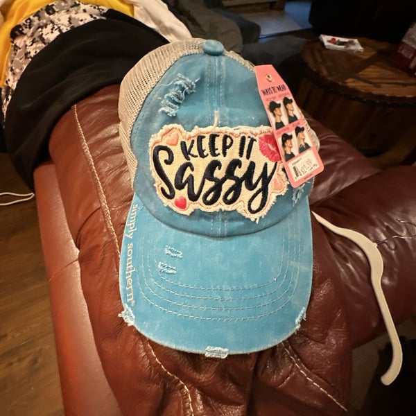 Simply Southern Keep It Sassy Distressed Mesh Back Ponytail Trucker Hat