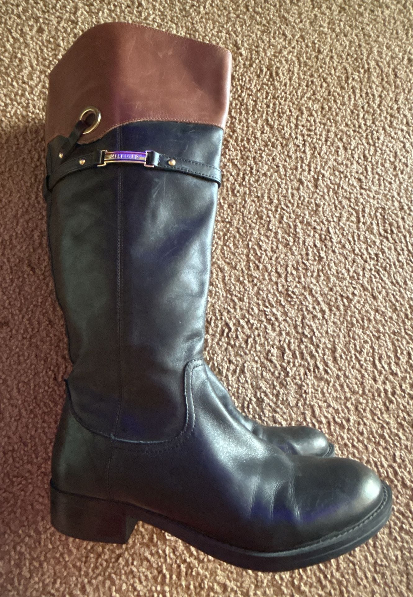 Tommy Hilfiger Women's Delphy Leather Two-Tone Riding Boots Black Tan Size 7M 2