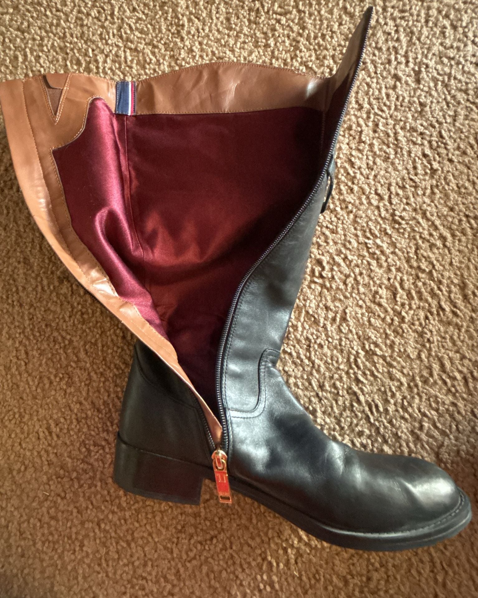 Tommy Hilfiger Women's Delphy Leather Two-Tone Riding Boots Black Tan Size 7M 6